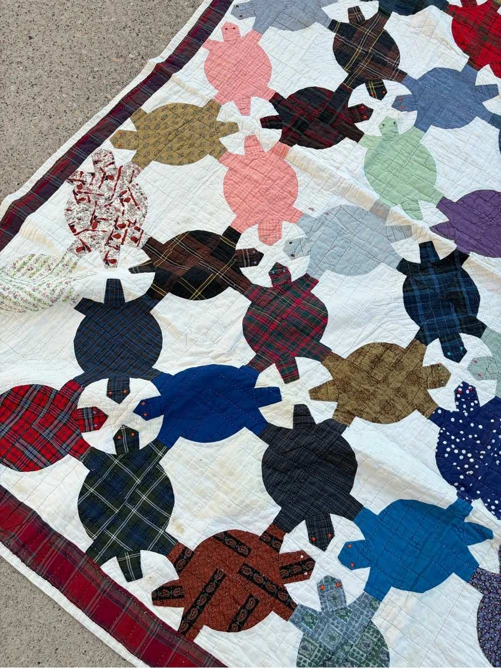 Vintage turtle handmade quilt large throw blanket patchwork multi color tortoise